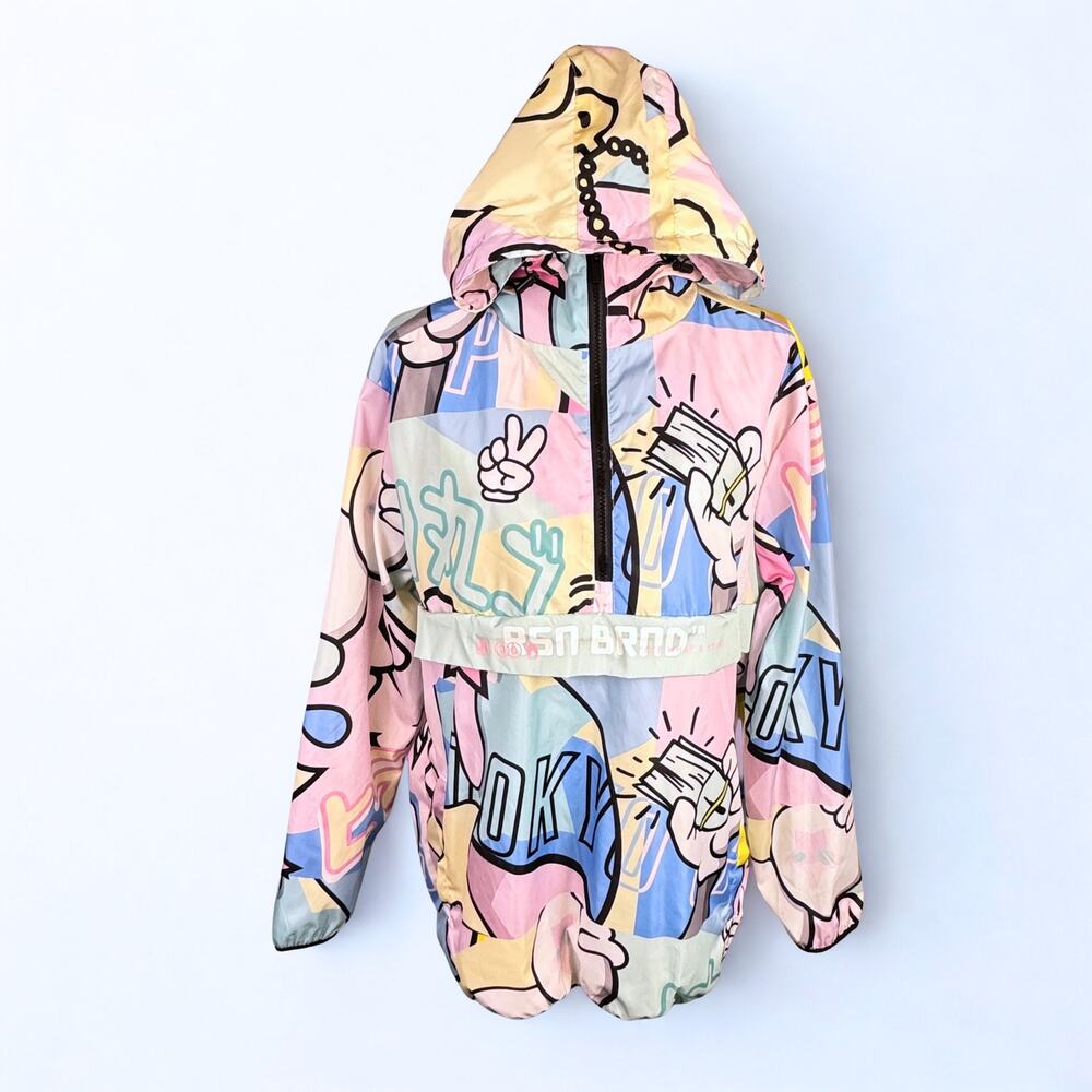 Reason NYC Windbreaker Anorak 1/2 Zip Hoodie Pop Art Graffiti Sz Large Pastels